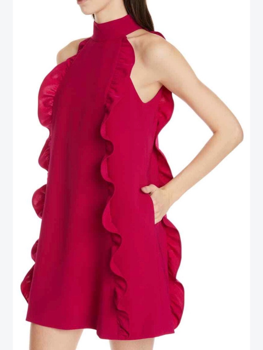 Ted Baker London Ruffled, Back Zip, Knee Length Halter Dress in Magenta NWT